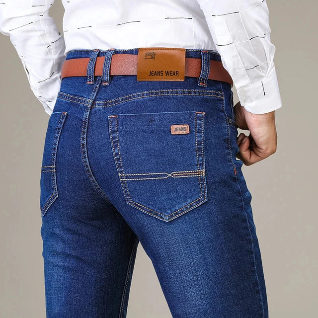 Men's Classic  Fitted Stretch Jeans Business Casual Cotton Denim Straight Leg Pants