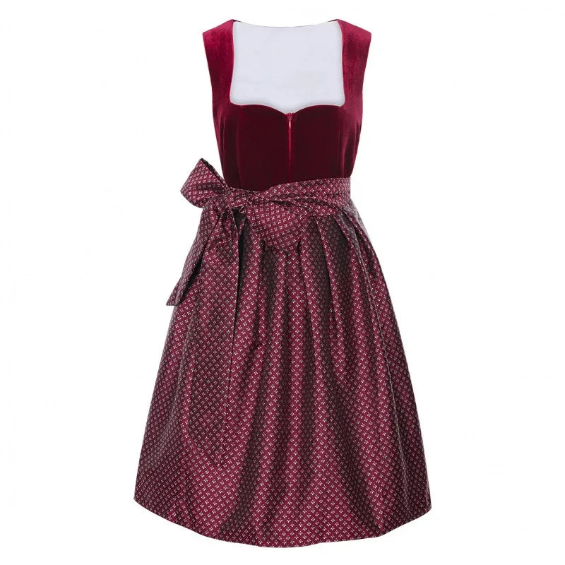 Women’s Burgundy Velvet Dirndl Dress – Bavarian Oktoberfest Costume with Patterned Apron