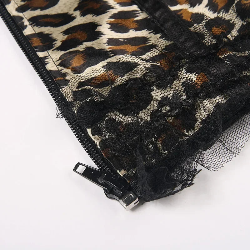 Overbust Corset Top Leopard Print Lace Bowknot Decorated Body Shaper