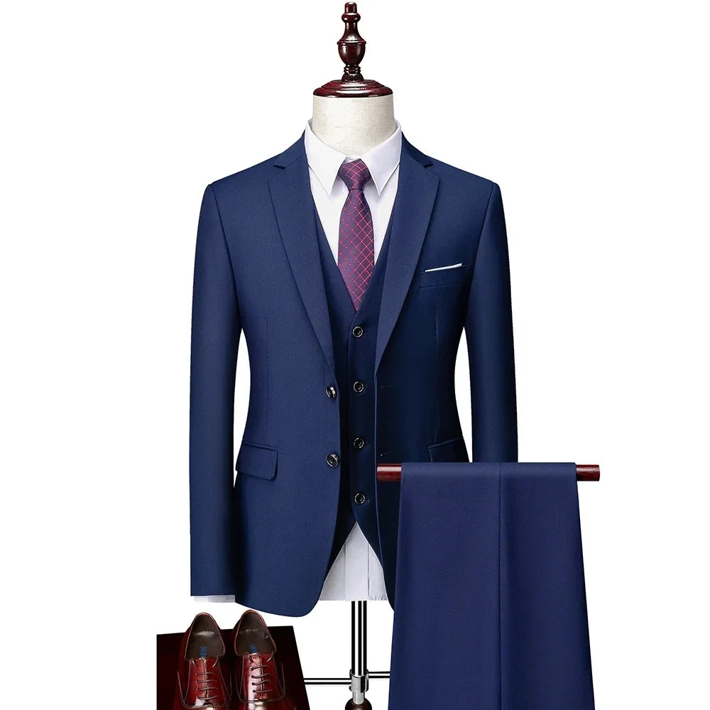 Men’s 3-Piece Slim Fit Suit Set – Blazer, Vest & Pants | Casual Business Solid Color Outfit