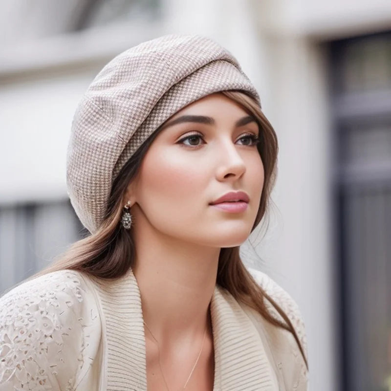 Women Wool Beret for Elegant Lady Winter Female Cotton Hats Plaid Vintage Octagonal Casual Autumn Cap