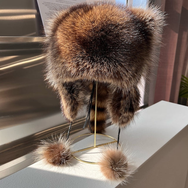 Raccoon Fur Cap Tail Women Natural Raccoon Fur Caps Ushanka Hats Thick Warm Ears Fashion Bomber Pom Pom Hat
