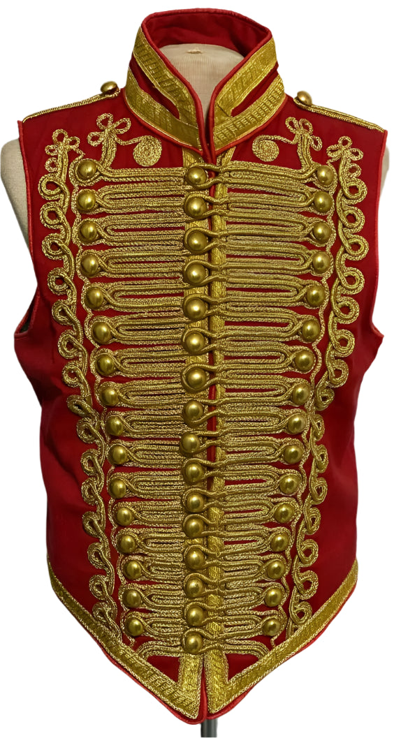 Red military-style vest with gold embroidery on a white background