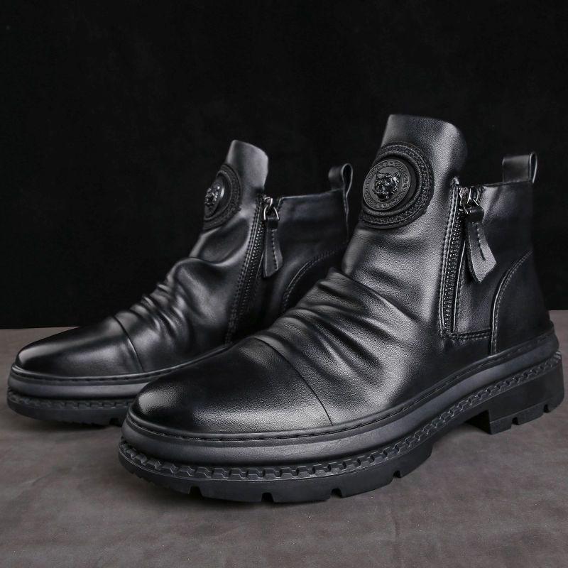 Men's Motorcycle Leather Boots British Style Round Head High Top Shoes Side Zip