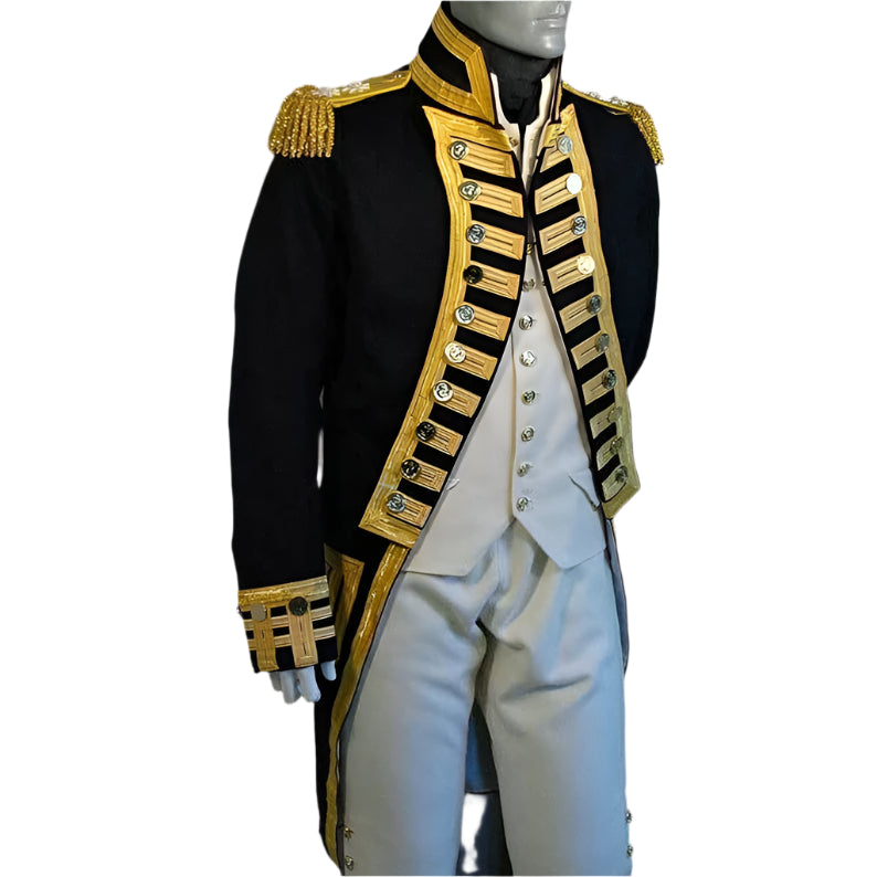 Historical military uniform with gold accents on a plain background