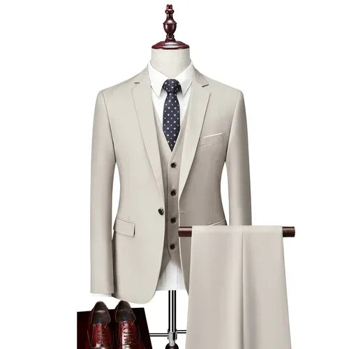 Men’s 3-Piece Slim Fit Suit Set – Blazer, Vest & Pants | Casual Business Solid Color Outfit
