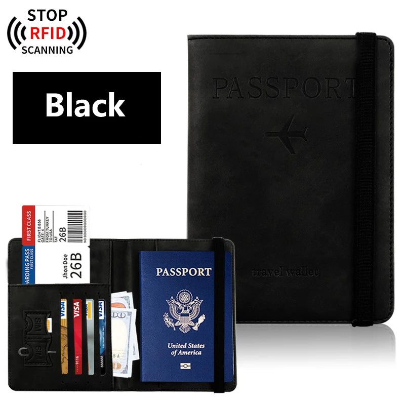 RFID Blocking Passport Holder – PU Leather Travel Wallet with Card Slots & Boarding Pass Pocket