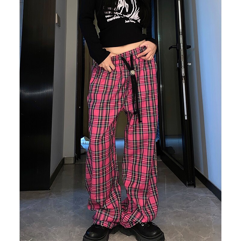 Wide Leg Checked Women High Waist Baggy Joggers Trousers