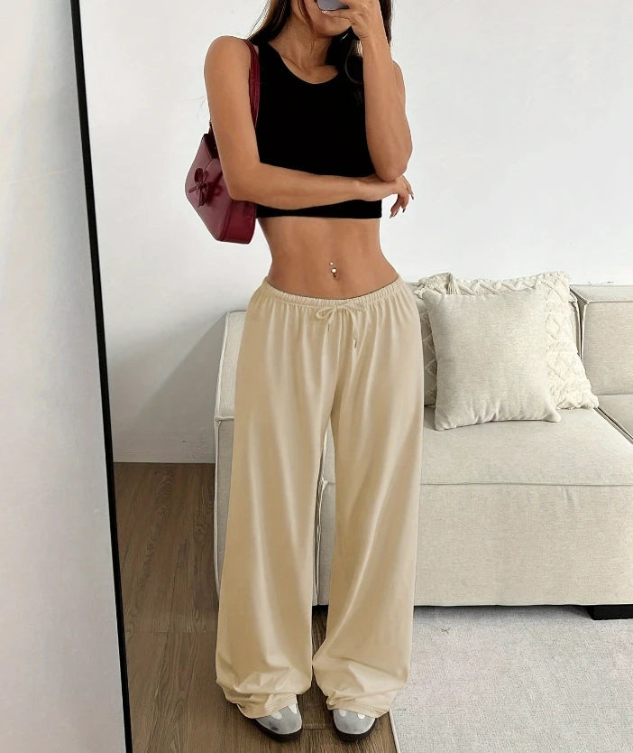 Women Casual Straight Leg Loose Solid Color Elastic Drawstring High Waisted Wide Leg Pants
