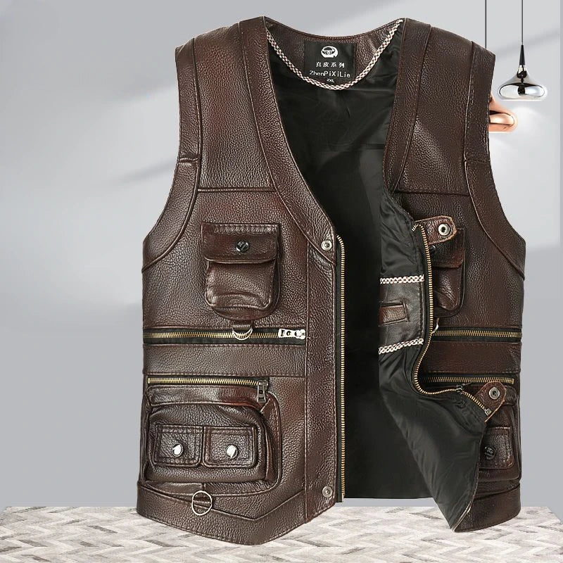 Men’s Slim Fit Genuine Cowhide Leather Vest – Multi Pocket Real Leather Waistcoat