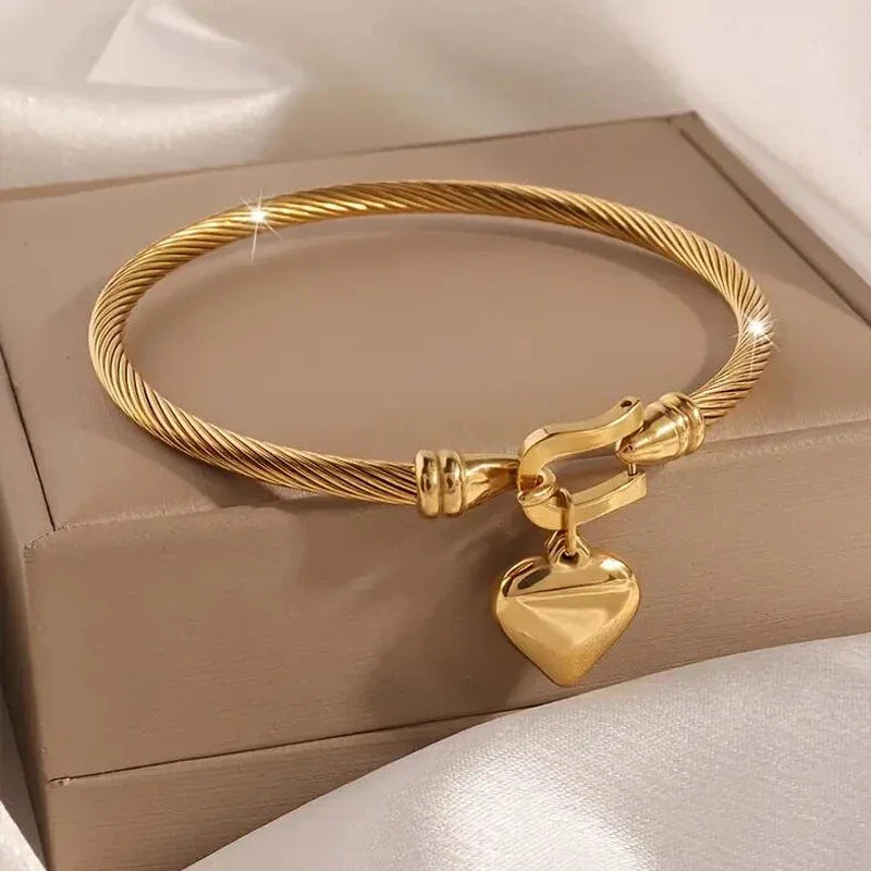 Titanium Steel 18K Gold Plated Heart Charm Bracelet – Simple Elegant Cable Bangle for Women Daily Wear