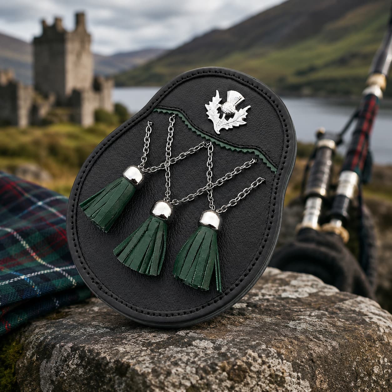 Handmade Scottish Leather Sporran with Green Tassels & Thistle Badge | Traditional Highland Kilt Accessory