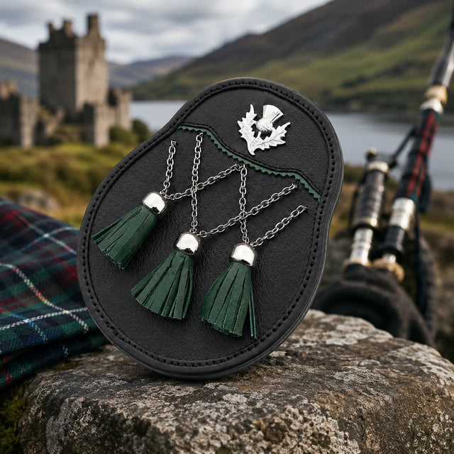 Handmade Scottish Leather Sporran with Green Tassels & Thistle Badge | Traditional Highland Kilt Accessory