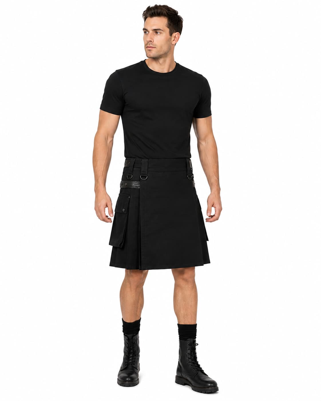 Scottish Men's Black Poly Cotton Utility Kilt with Leather Straps | Highland Cargo Kilt