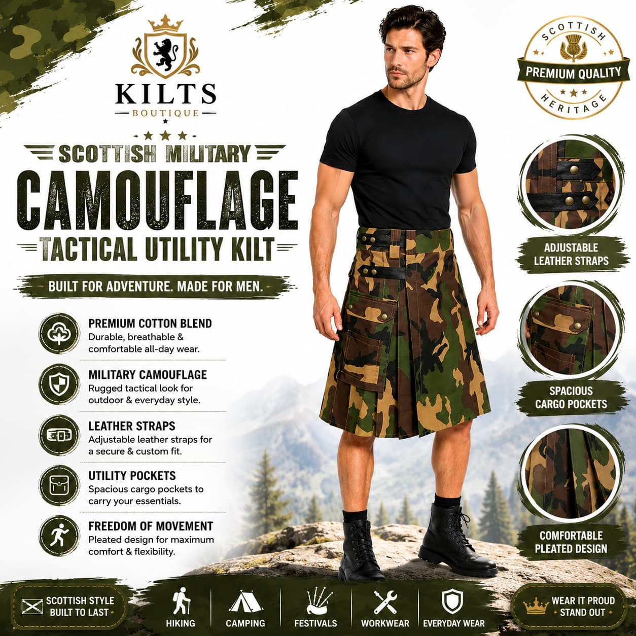 Man wearing a camouflage tactical utility kilt with product features highlighted on a scenic background.