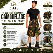 Man wearing a camouflage tactical utility kilt with product features highlighted on a scenic background.