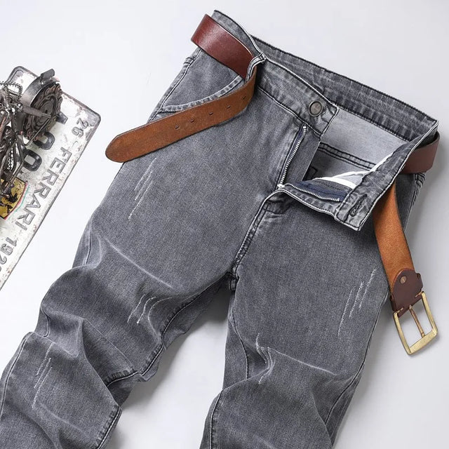 Grey Denim Jeans Male Elastic Pants Fashion Men's Long Thin slim fit