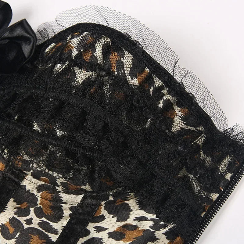 Overbust Corset Top Leopard Print Lace Bowknot Decorated Body Shaper