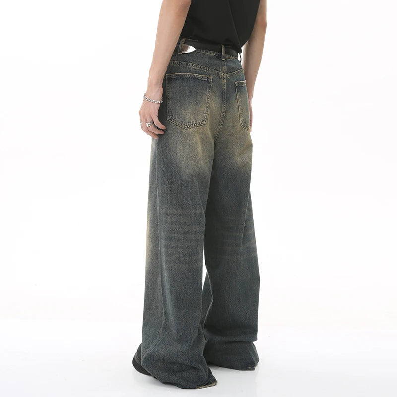 Men's Denim Pants Old Blue Washed Male Jeans Straight  Loose Wide Leg