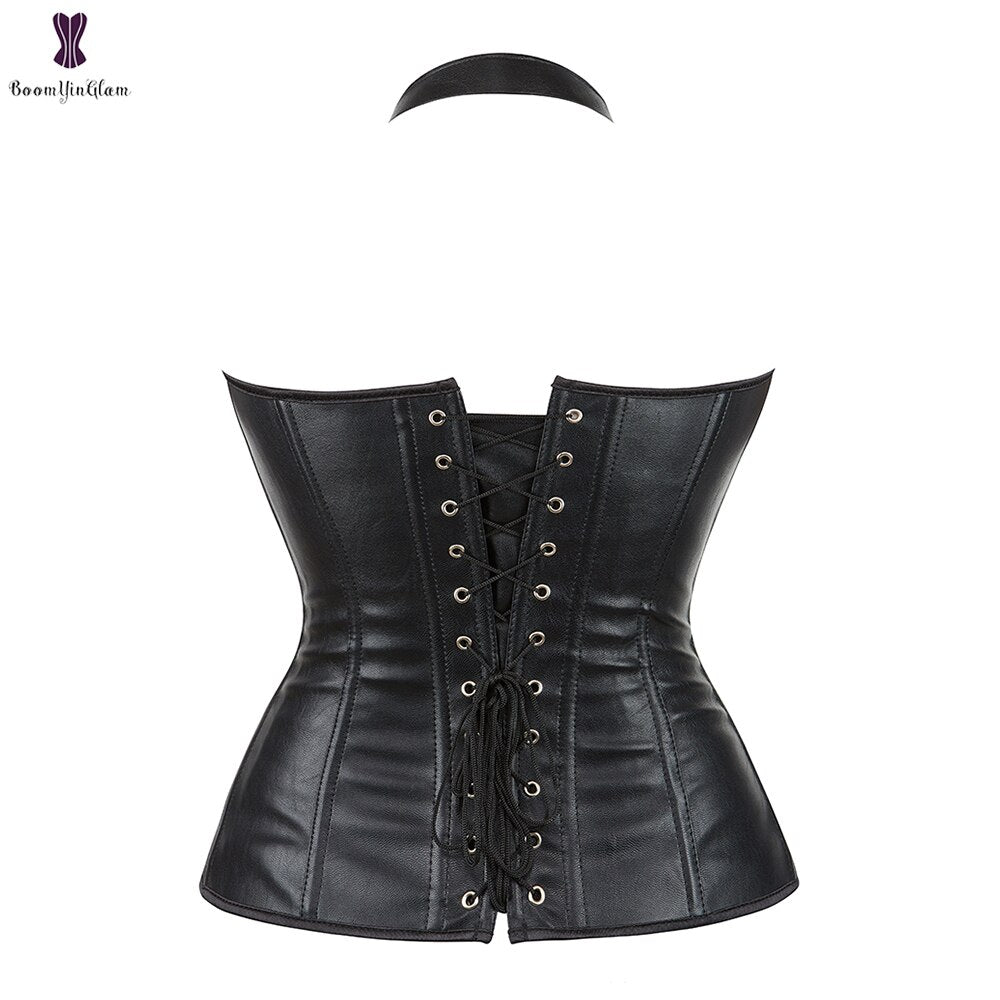 Women Vest Waist Cincher Corsets Faux Leather Bustier Steampunk Corset Boned Corselet Overbust Lace Up
