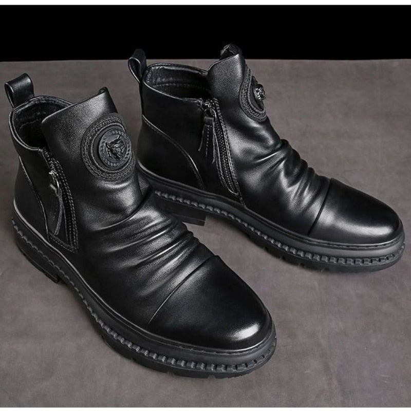 Men's Motorcycle Leather Boots British Style Round Head High Top Shoes Side Zip