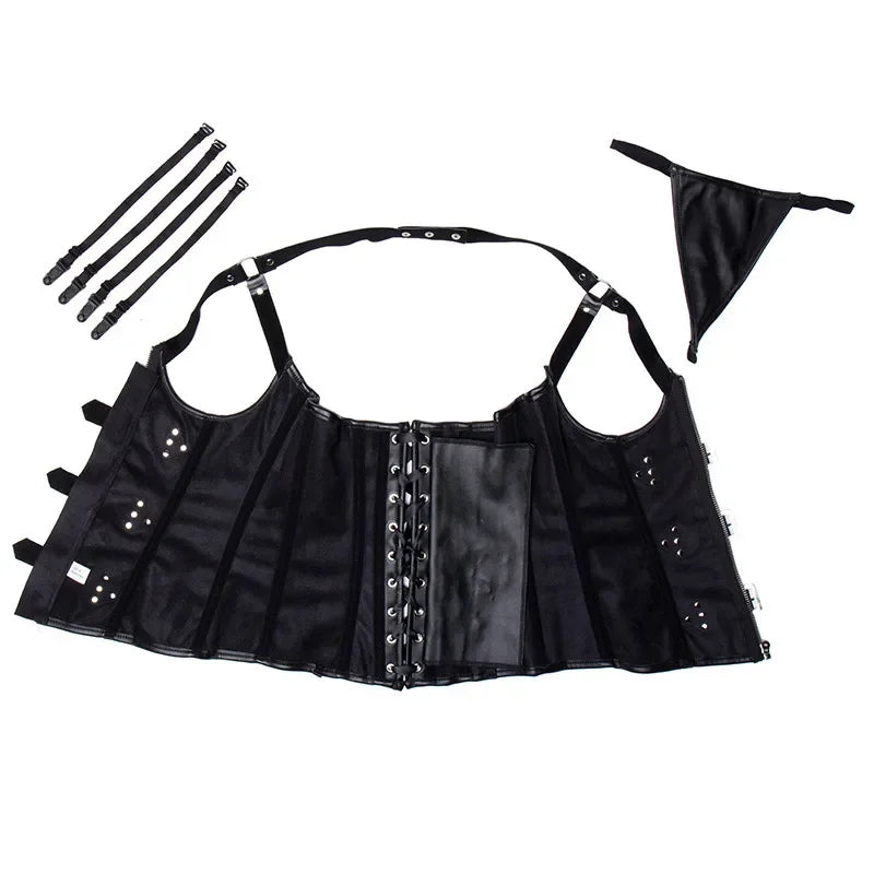 Steampunk Corsets Bustiers PU Leather Corset Halter Top Overbust Corselet  Women Zipper Gothic