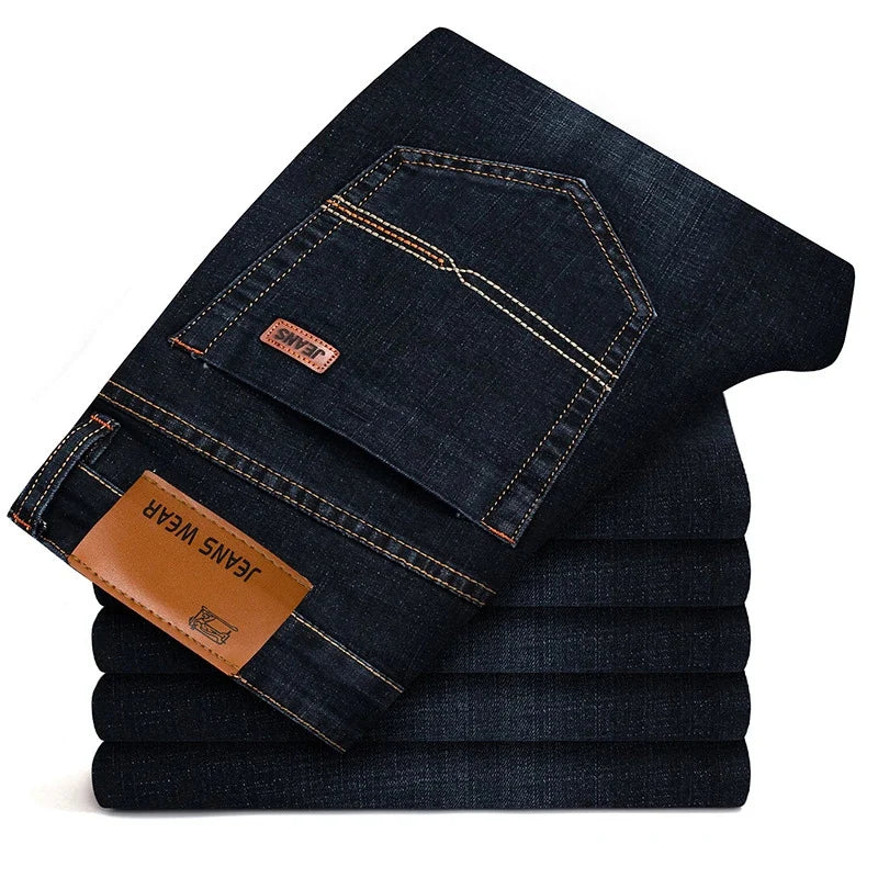 Men's Classic  Fitted Stretch Jeans Business Casual Cotton Denim Straight Leg Pants