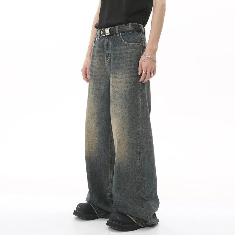 Men's Denim Pants Old Blue Washed Male Jeans Straight  Loose Wide Leg