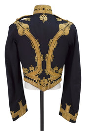 Black military-style jacket with gold embroidery on a mannequin against a gray background