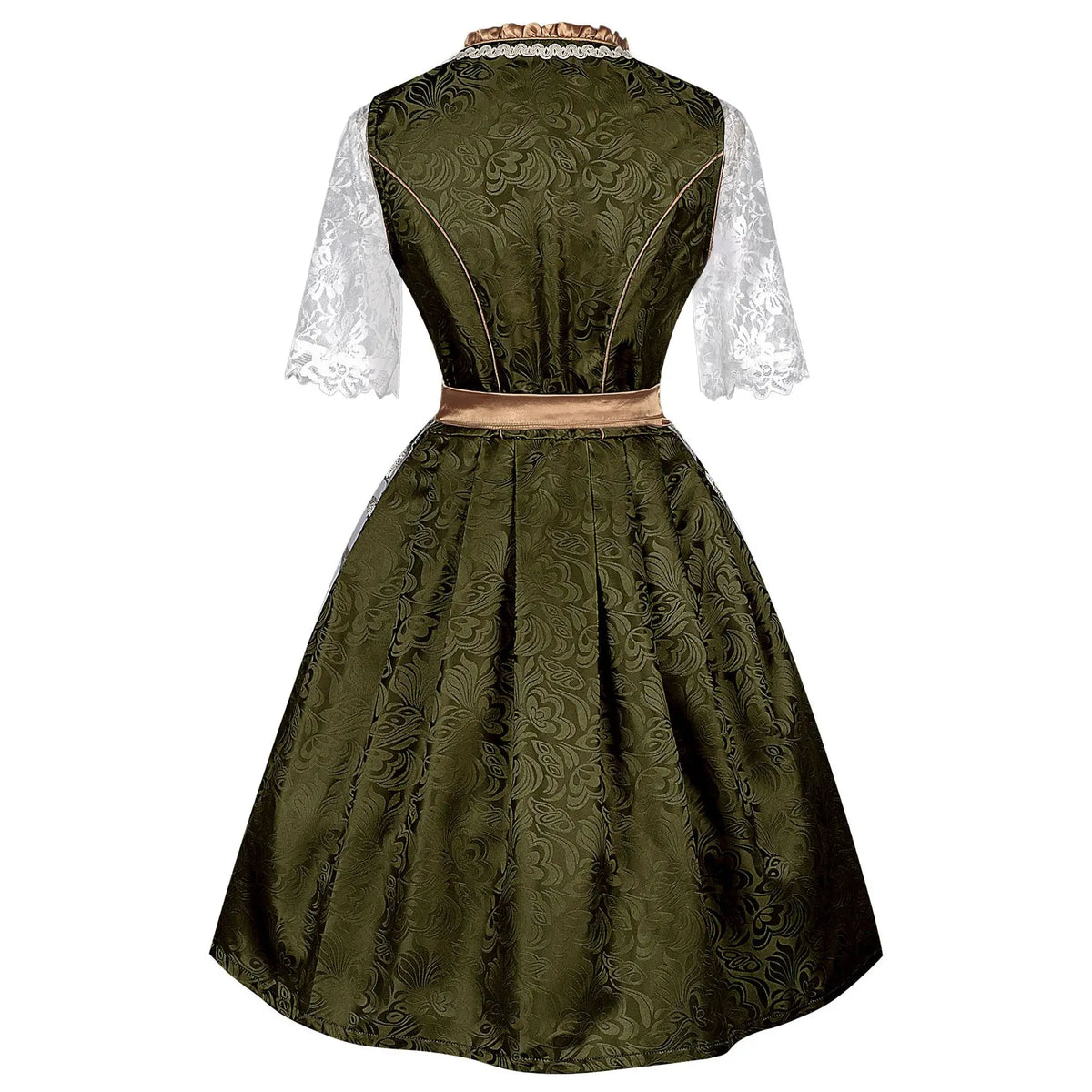 Women’s Green & Gold Dirndl Dress – Elegant Bavarian Oktoberfest Costume with Embroidered Tulle Apron