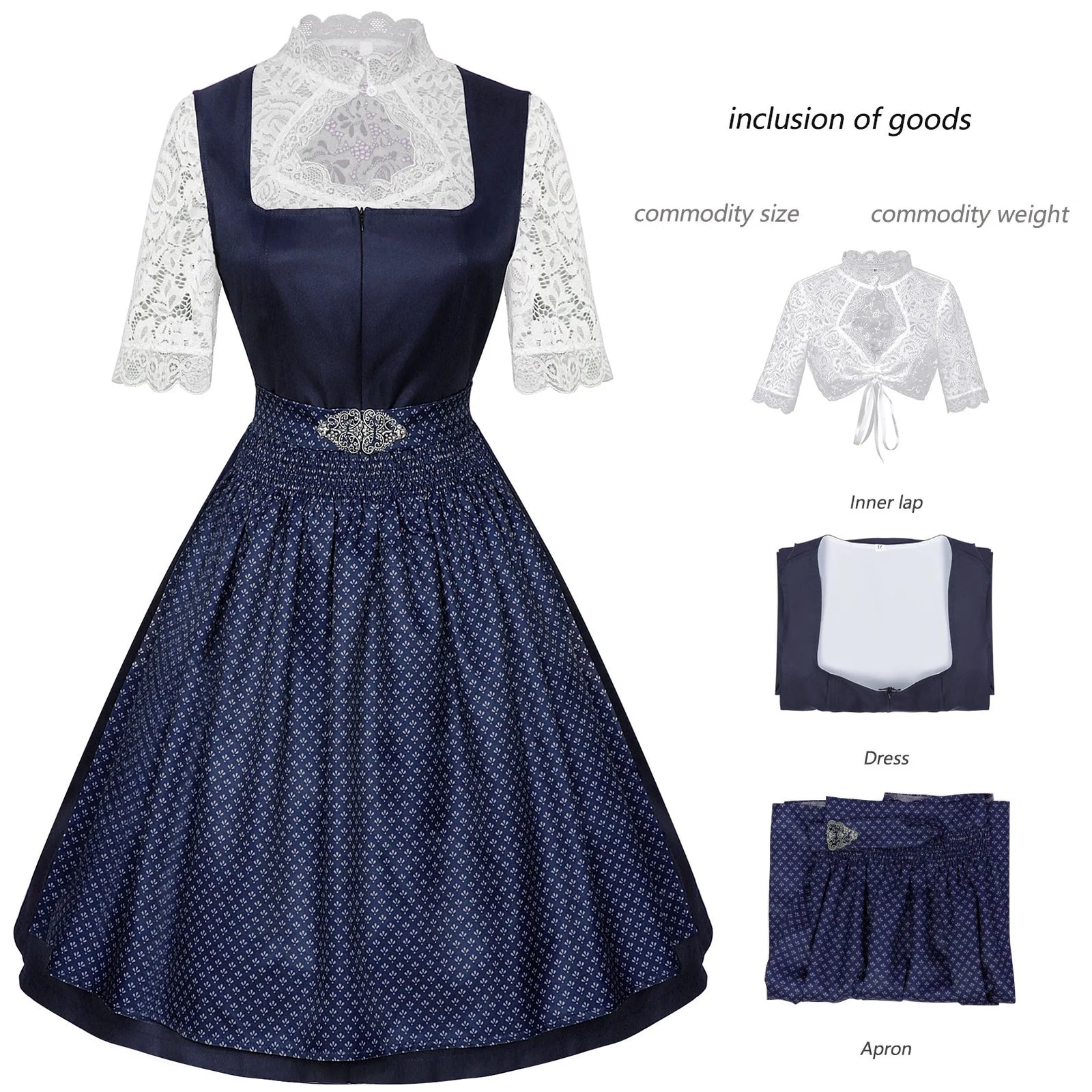 Women’s Elegant Dirndl Dress Set – Oktoberfest Bavarian Costume with Lace Blouse & Patterned Apron