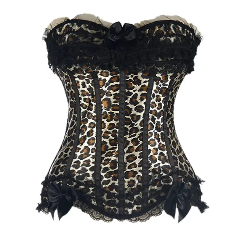 Overbust Corset Top Leopard Print Lace Bowknot Decorated Body Shaper