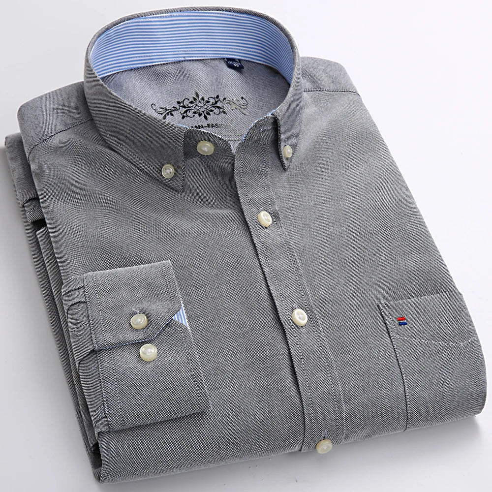 Men's Fashion Long Sleeve Solid Oxford Shirt Single Patch Pocket Standard-fit Button-down Collar Shirts