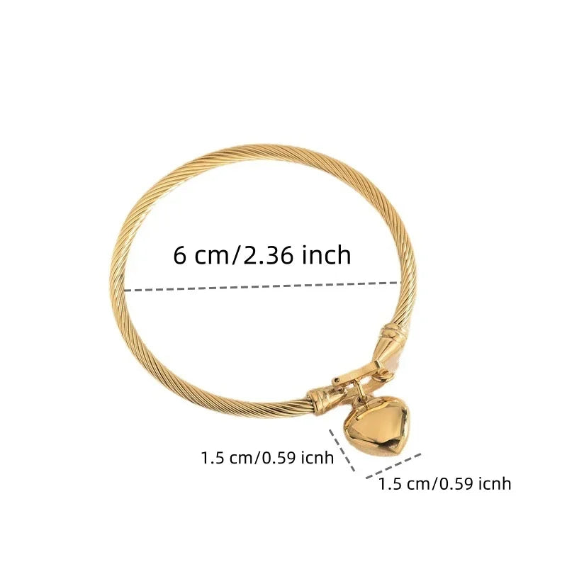 Titanium Steel 18K Gold Plated Heart Charm Bracelet – Simple Elegant Cable Bangle for Women Daily Wear
