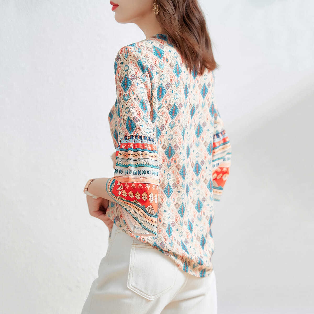 Woman Summer Casual Hafl Flare Sleeve V-Neck Printed Shirt