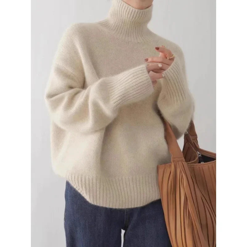 100% Merino Wool Women’s Turtleneck Sweater – Soft Knitted Pullover, Casual Loose Fit,