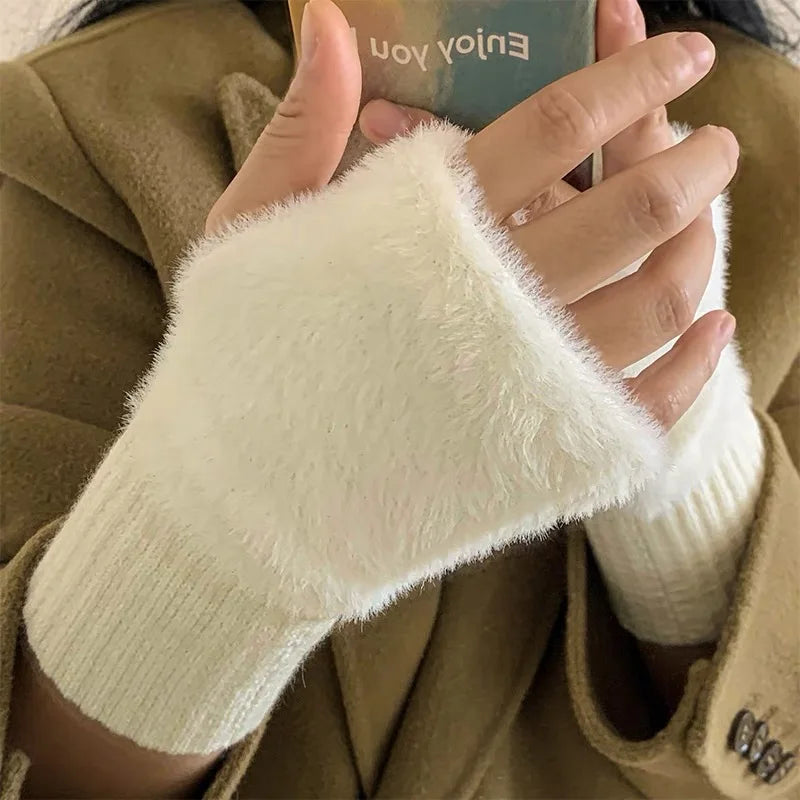 Soft Plush Winter Fingerless Gloves – White Knitted Wrist Warmers