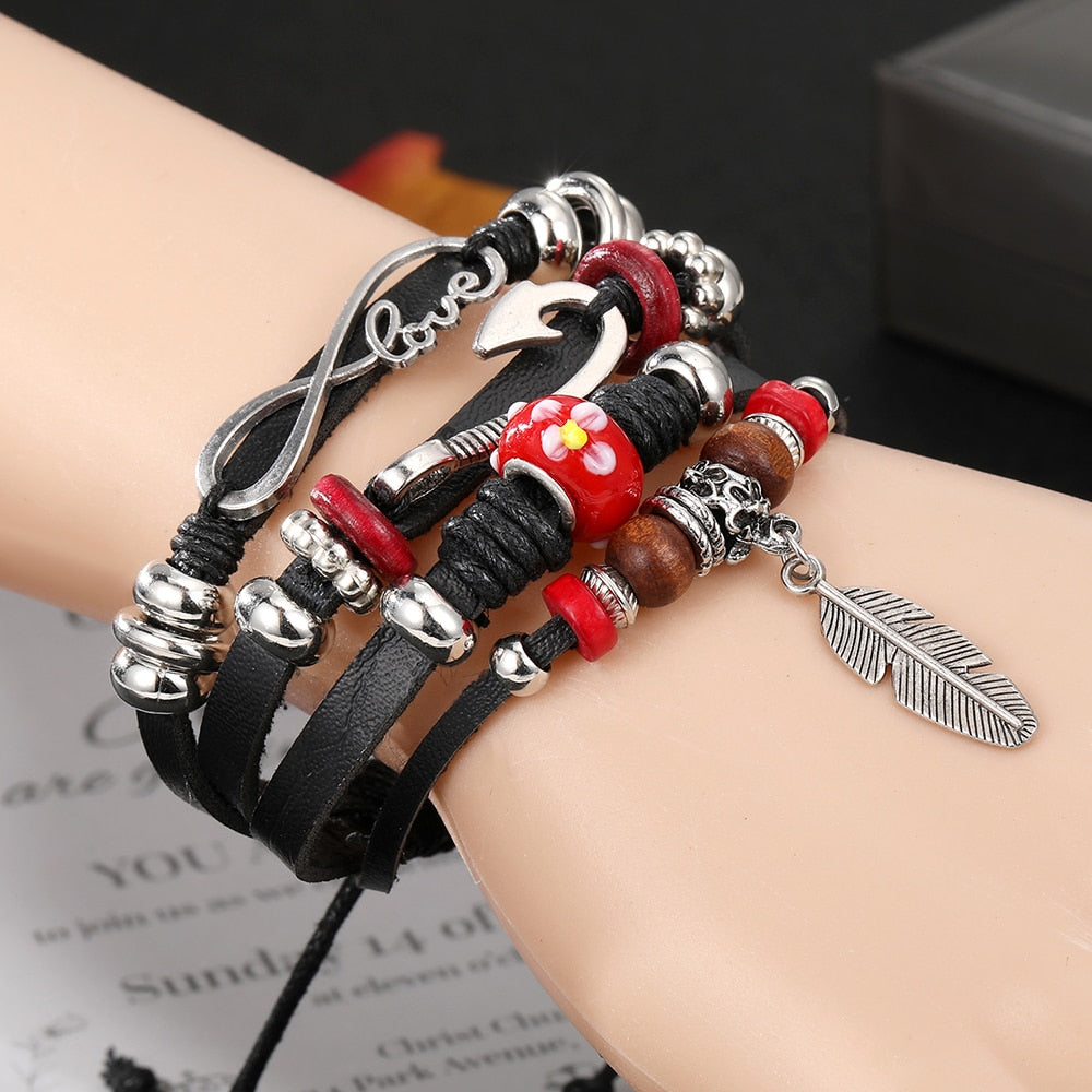 Vintage Gothic Punk Moon Star Metal Multilayer Leather Bracelet Unisex Leaf Bracelets
