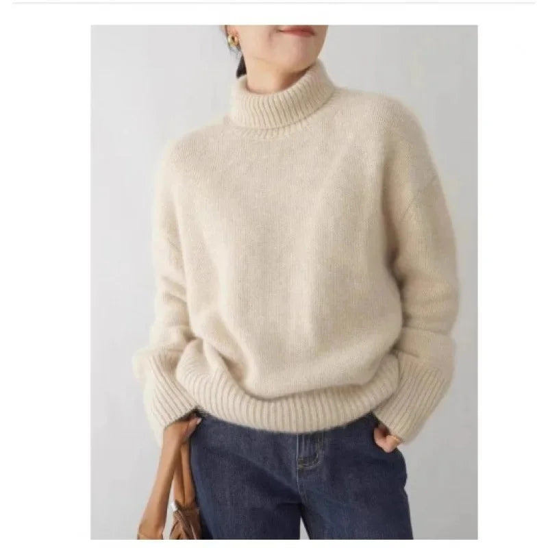 100% Merino Wool Women’s Turtleneck Sweater – Soft Knitted Pullover, Casual Loose Fit,