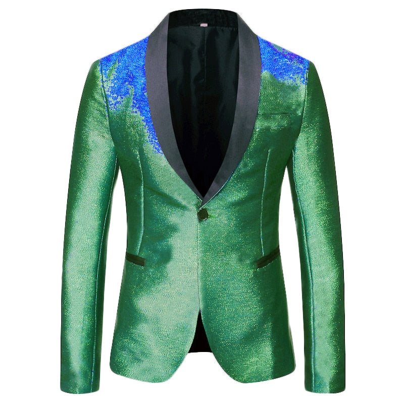 Men's Shiny Fashion Gradient Dress Blazer One Button Shawl Lapel Elegant Suit Jacket