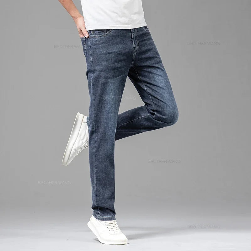 Men's Elastic Cotton Jeans Fashion Gray Comfortable Business Straight Casual Pants