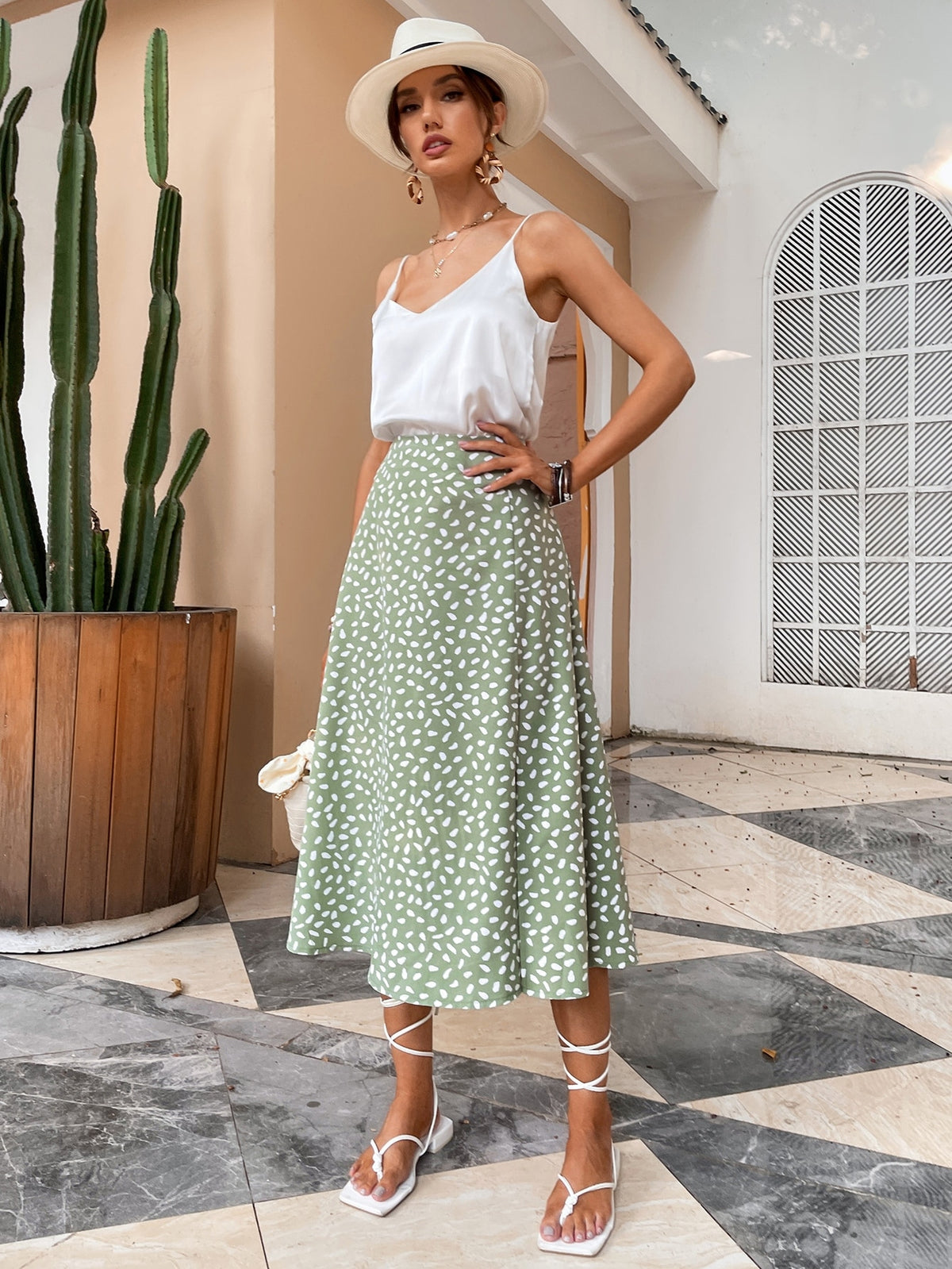 Boho Split Thigh Allover Print Women Skirts  Long Length High Waist With Zipper Slight Stretch
