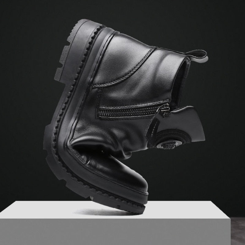 Men's Motorcycle Leather Boots British Style Round Head High Top Shoes Side Zip