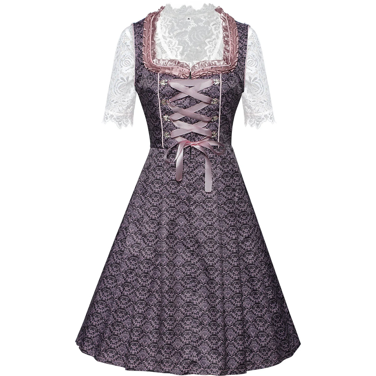 Women’s Purple & Pink Dirndl Dress Set – Bavarian Oktoberfest Costume with Lace Blouse & Embroidered Apron