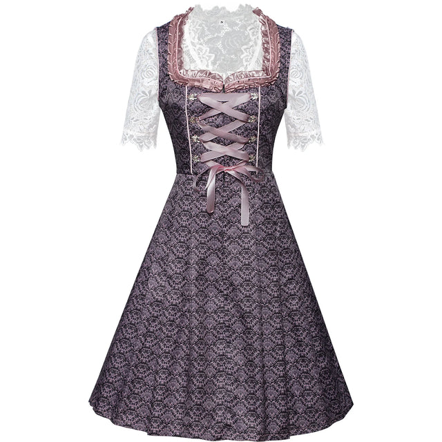 Women’s Purple & Pink Dirndl Dress Set – Bavarian Oktoberfest Costume with Lace Blouse & Embroidered Apron