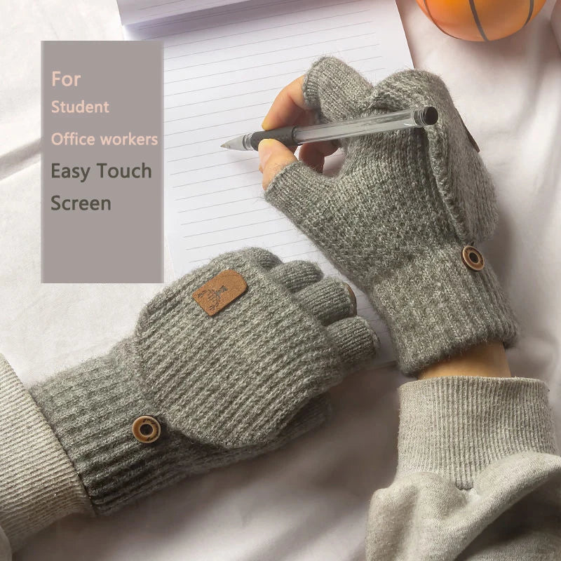 Knitted Fingerless Gloves Winter Thicken Warm Touch Screen Gloves for Men Women