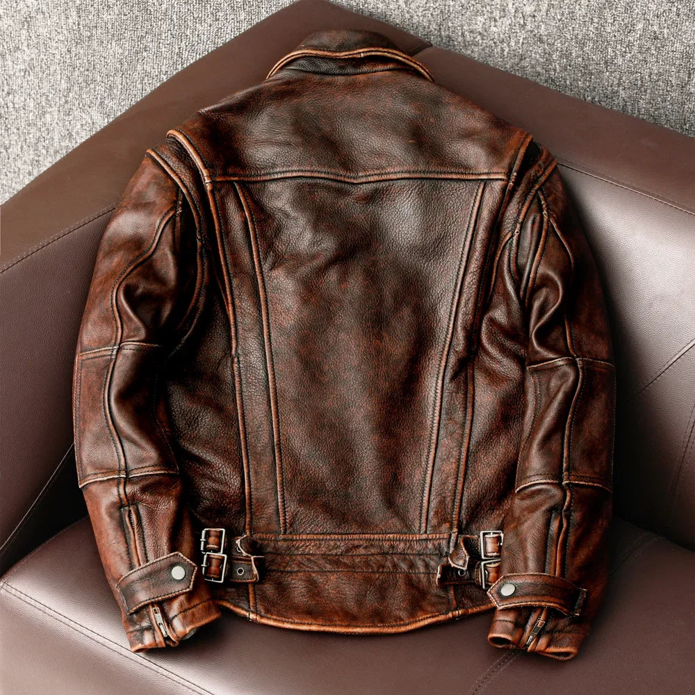 Men Genuine Leather Jacket Vintage Brown 100% Cowhide Coat Man Slim Fashion Biker jacket