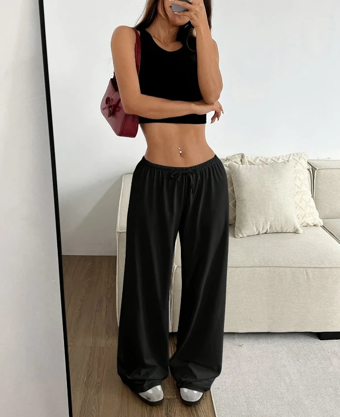Women Casual Straight Leg Loose Solid Color Elastic Drawstring High Waisted Wide Leg Pants