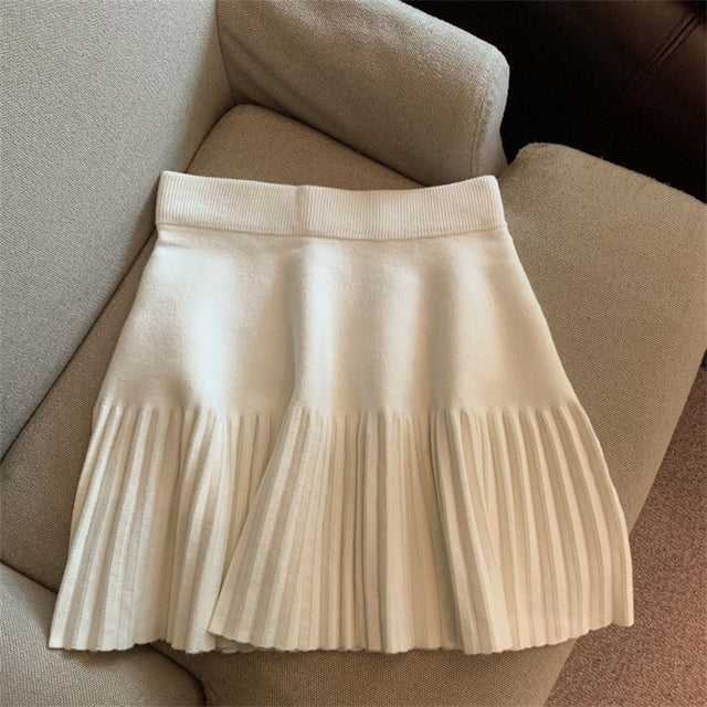 Korean Style Pleated Mini Skirt, Soft Knitted Elastic Waist Skirt for Women