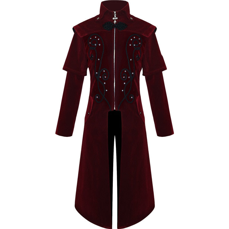 Gothic Carved Black Embroidered Red Velveteen Dovetail Men Coat